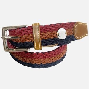 Woven Stretch Striped Braided Elastic Web Belt Silver Tone Hardware Faux Leather
